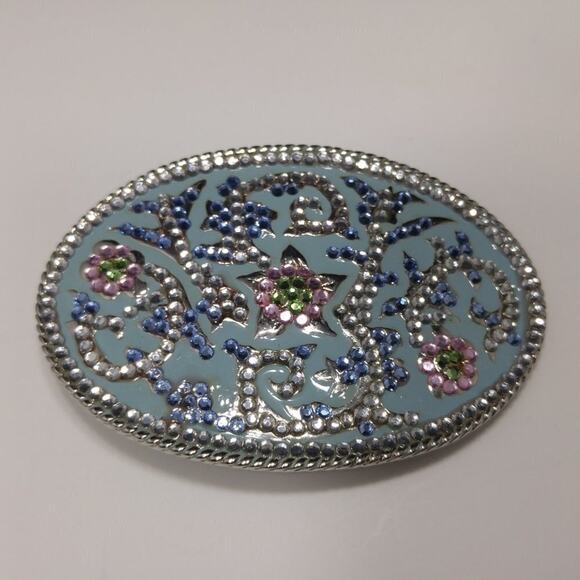 Vintage Belt Buckle. Blue Oval Flat Crystal Rhinestones, 2 3/4 Inches - Picture 2 of 9